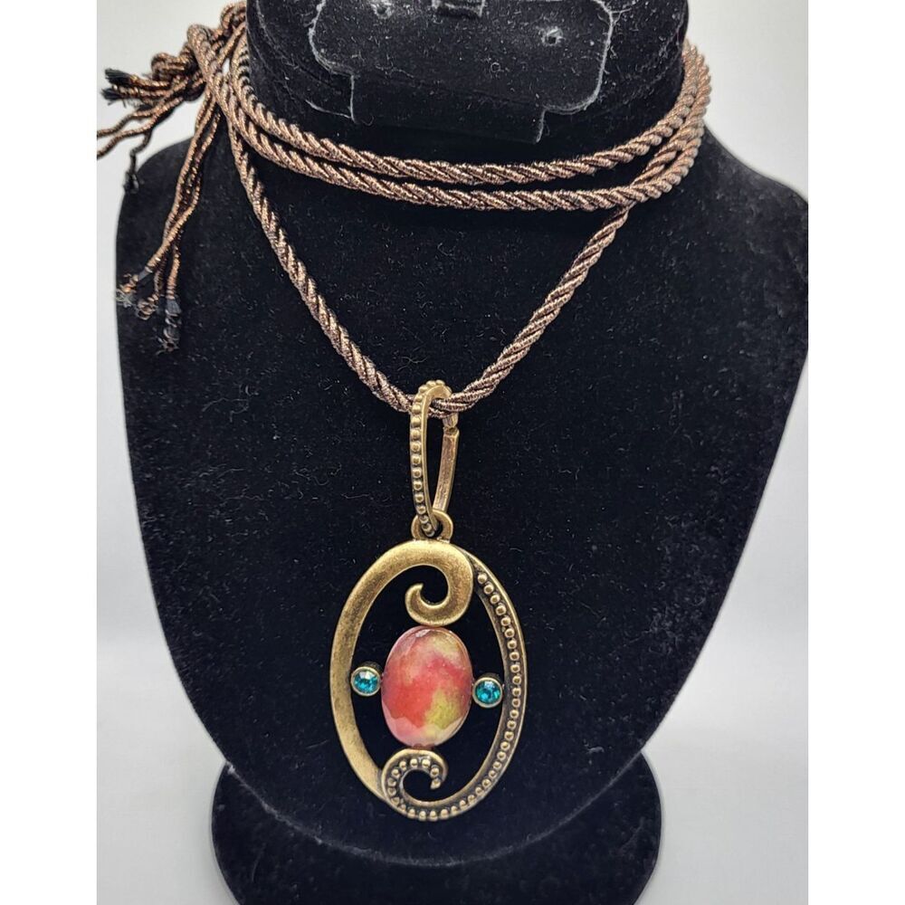 Chico's Large Pendant Bronze Pendant Necklace Orange Turquoise 3.5" pendant 38"